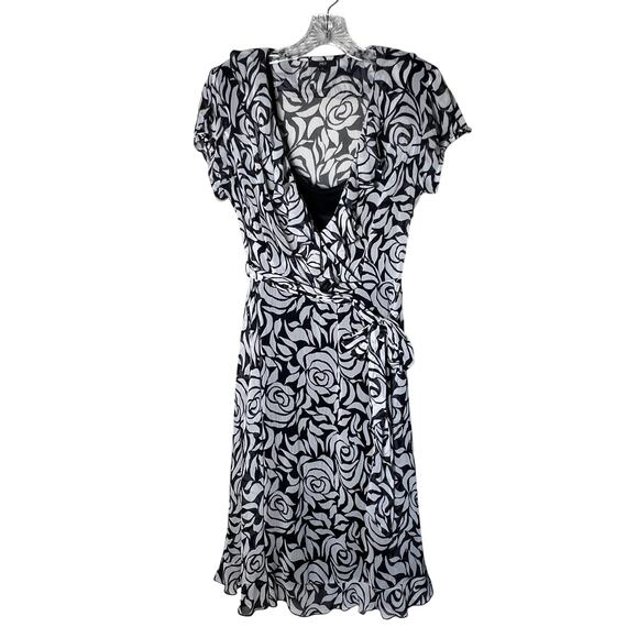 JBS Floral Print Short Sleeve Faux Wrap Midi Dress Women's Size 10 Blue/White - Picture 1 of 7